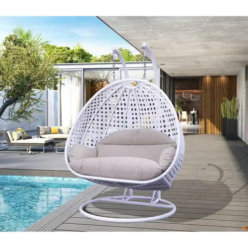 2-Person Hanging Egg Chair with Metal Stand Wicker Frame Cushion and Waterproof Cover