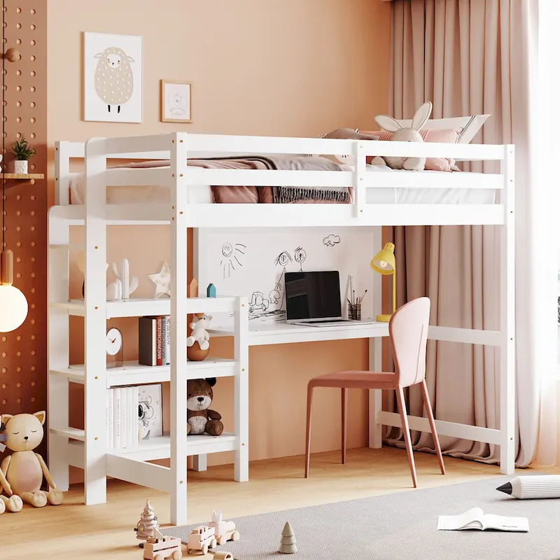 Hochbett aus Kiefernholz mit 3-stufigen Ablagen, Schreibtisch und abwischbarer Schreibtafel