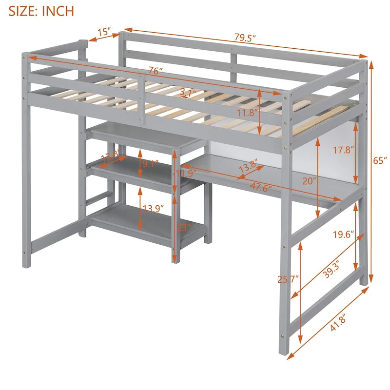 Hochbett aus Kiefernholz mit 3-stufigen Ablagen, Schreibtisch und abwischbarer Schreibtafel