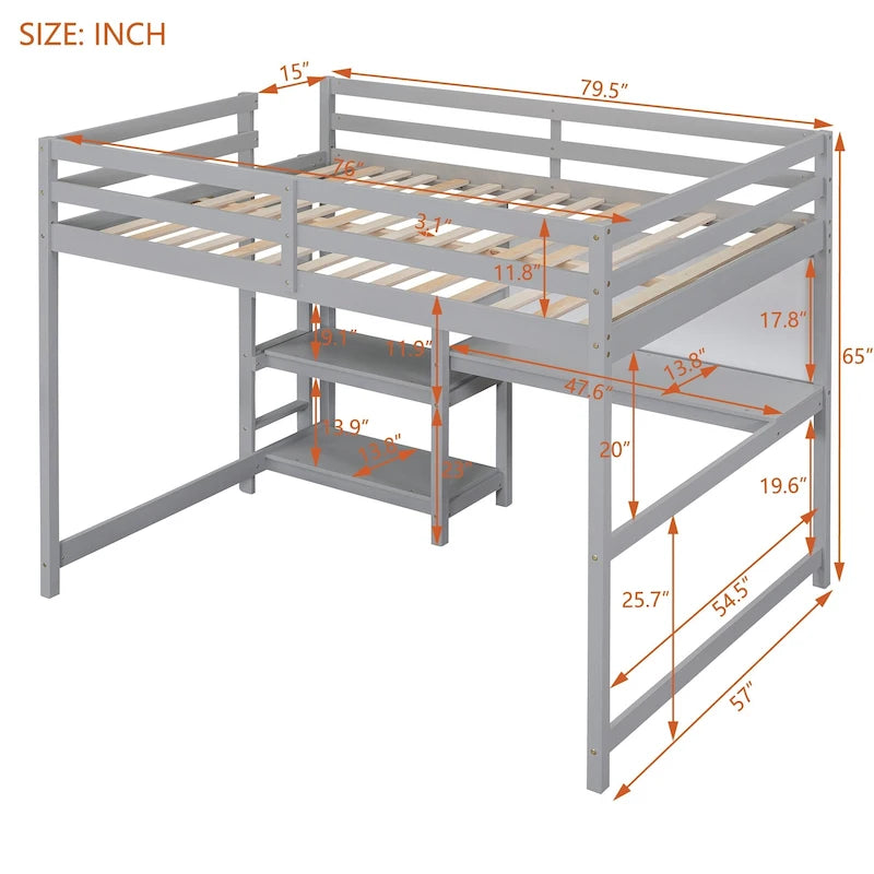 Hochbett aus Kiefernholz mit 3-stufigen Ablagen, Schreibtisch und abwischbarer Schreibtafel