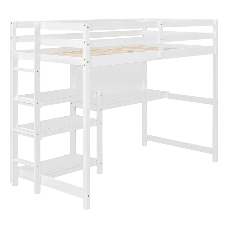 Hochbett aus Kiefernholz mit 3-stufigen Ablagen, Schreibtisch und abwischbarer Schreibtafel