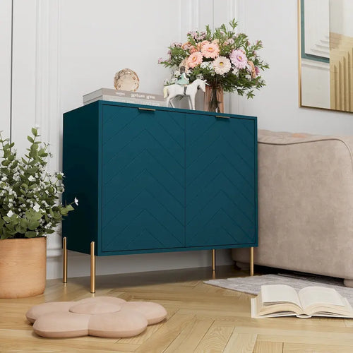 2-Door Accent Cabinet with Chevron Pattern Doors Adjustable Shelf and Gold Metal Legs