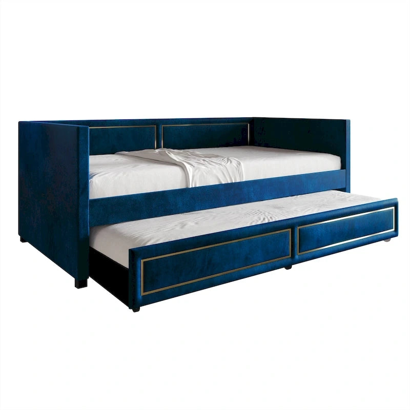 Divanetto letto singolo imbottito in velluto con letto estraibile e dettagli a pannelli in similpelle dorata