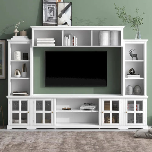 104-Inch Entertainment Wall Unit with TV Stand Bridge and Two Pier Cabinets for TVs Up to 70 Inches