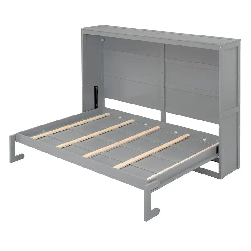 Murphy-Wandbett in Full Size mit Doppelkolben-Klappmechanismus und Lattenrost aus Holz in Grau